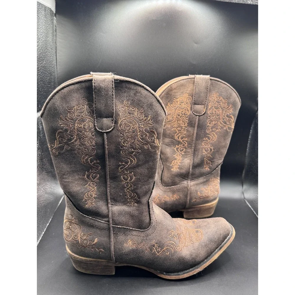 Roper Kids Brown Faux Suede Embroidered Western Cowboy Boots Youth Size 3